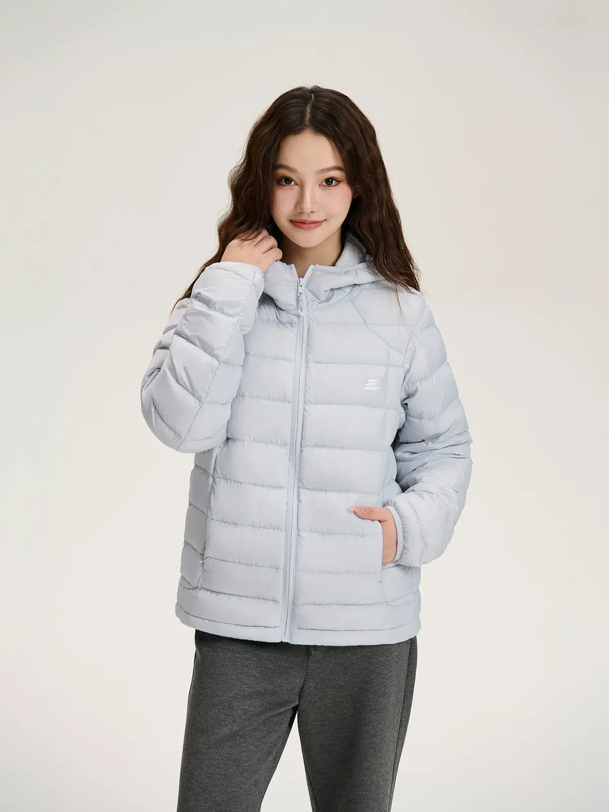 LOSTCTRL Hooded 90 Duck Down Puffer in Blue - On Model