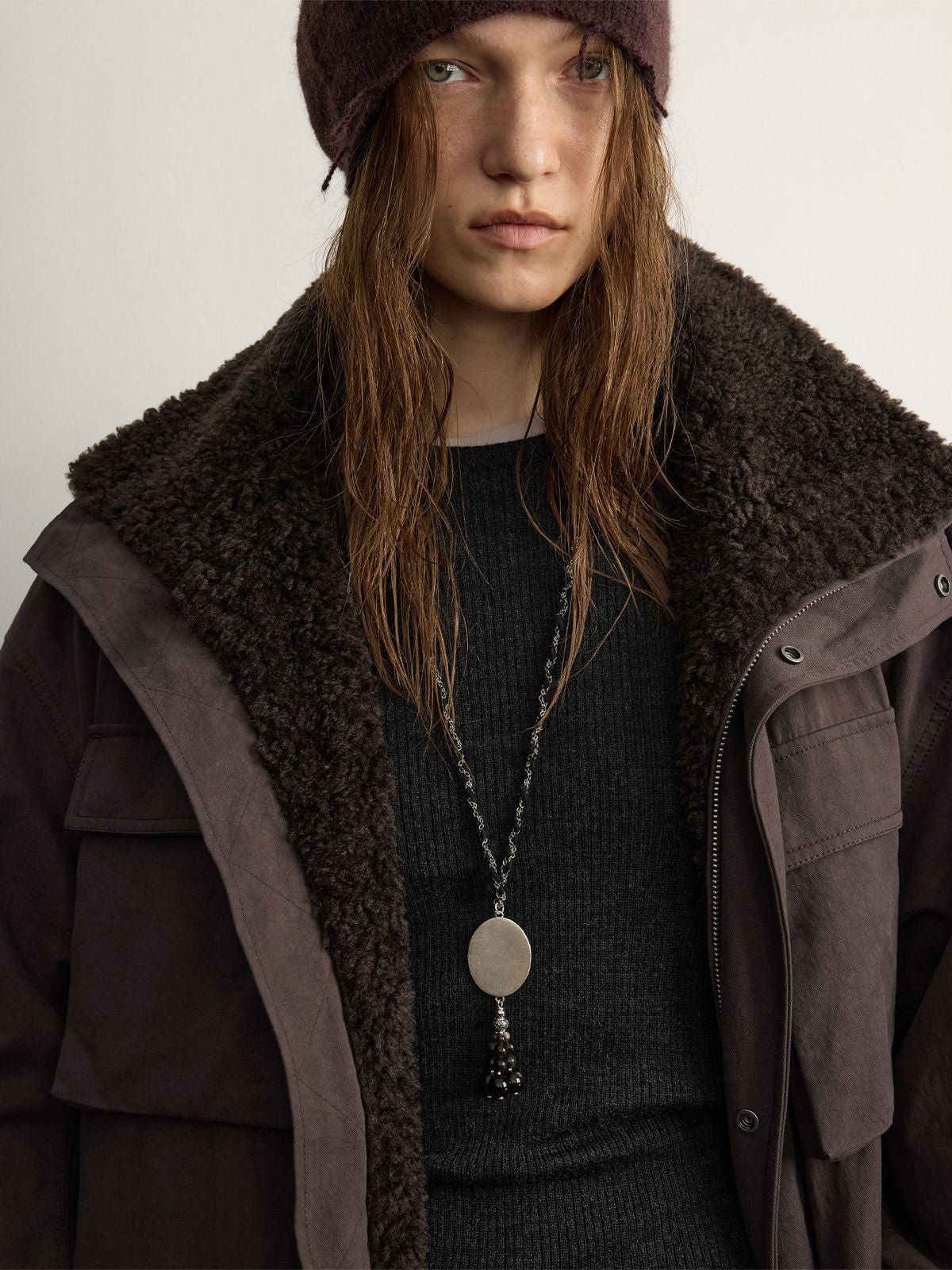 RandomPiece Eco Fur Trimmed Cotton Parka in Coffee - On Model