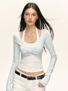 Ariseism Faux Layered Twist Front Top in Sky Blue - On Model