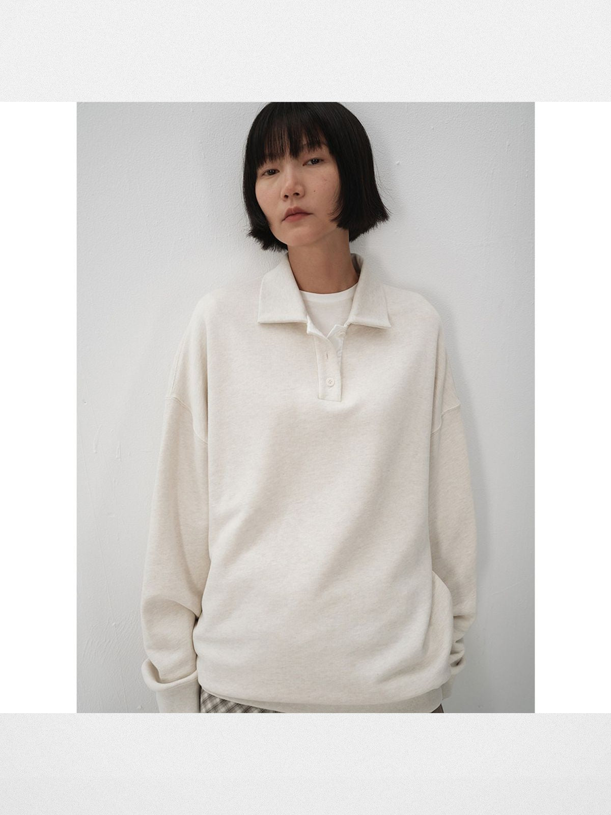 RandomPiece Cotton Polo Collar Sweatshirt in Beige - On Model