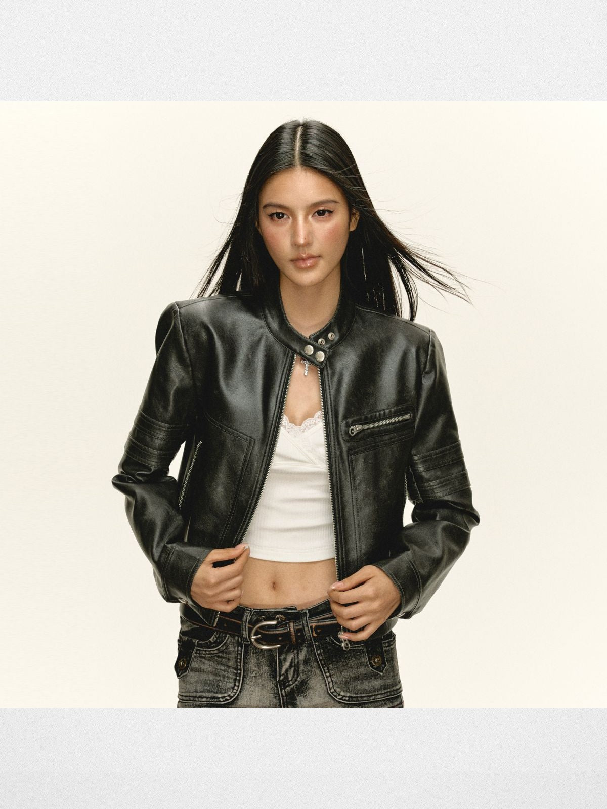 ARISEISM Cropped Faux Leather Biker Jacket in Black - On Model