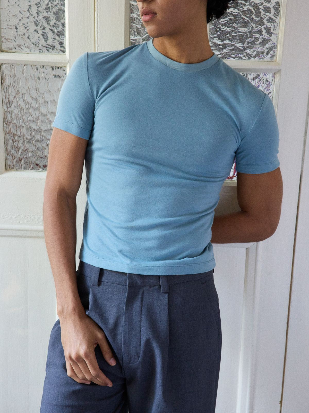 Retro 21 Japanese Wool Blend Crew Neck Tee in Sky Blue - On Model