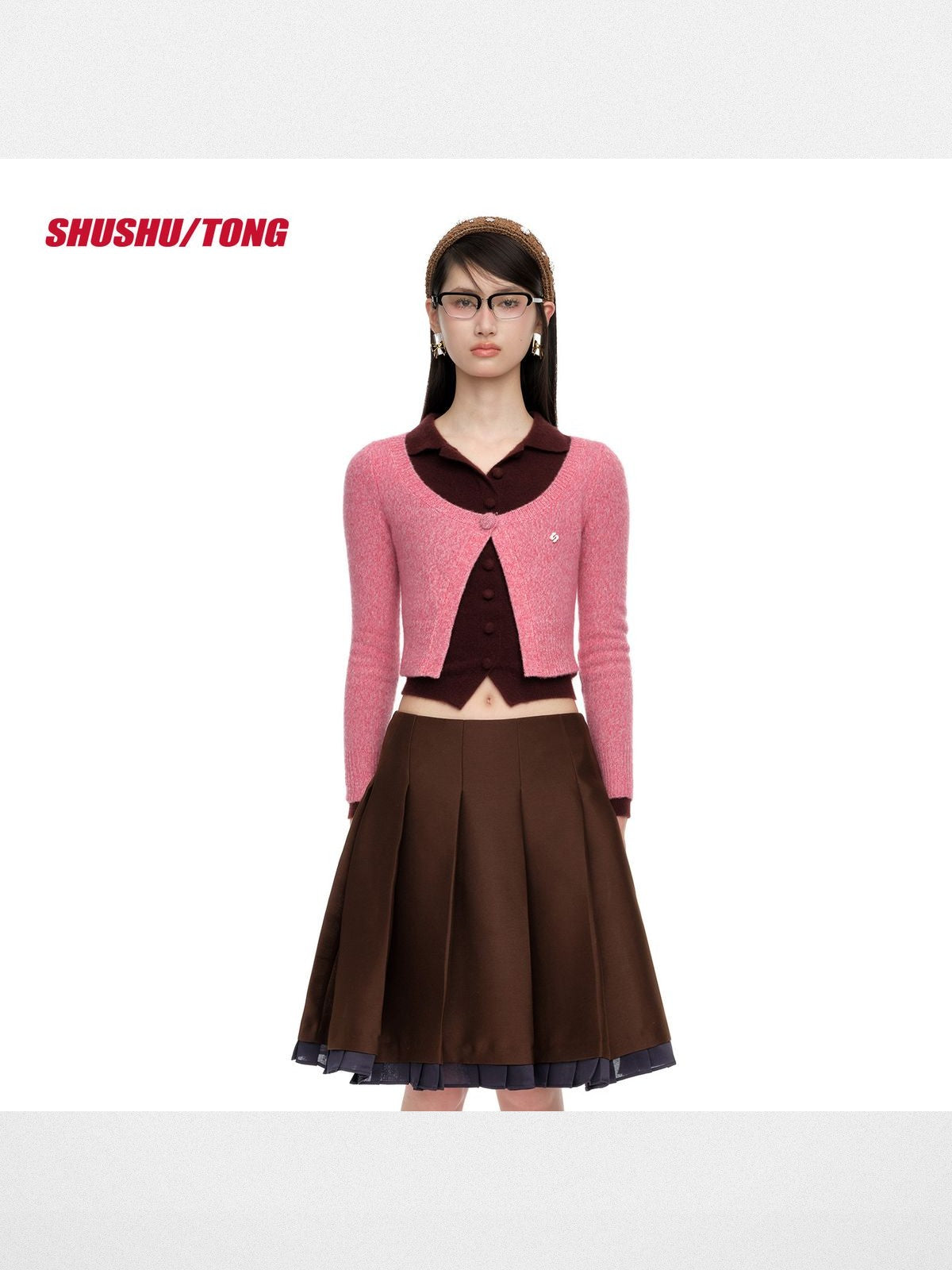 SHUSHUTONG Single Button Wool Cashmere Cardigan in Pink - On Model