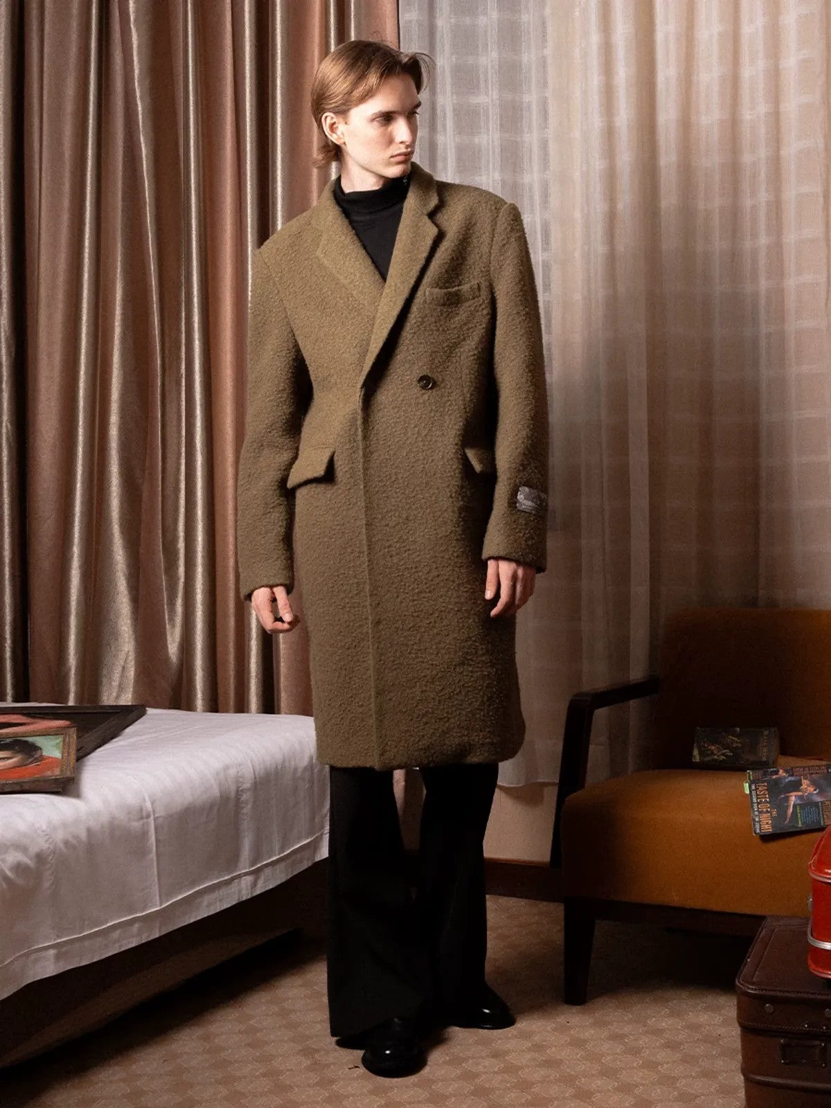 SOD Oversized Double Breasted Wool Blend Coat in Green - On Model