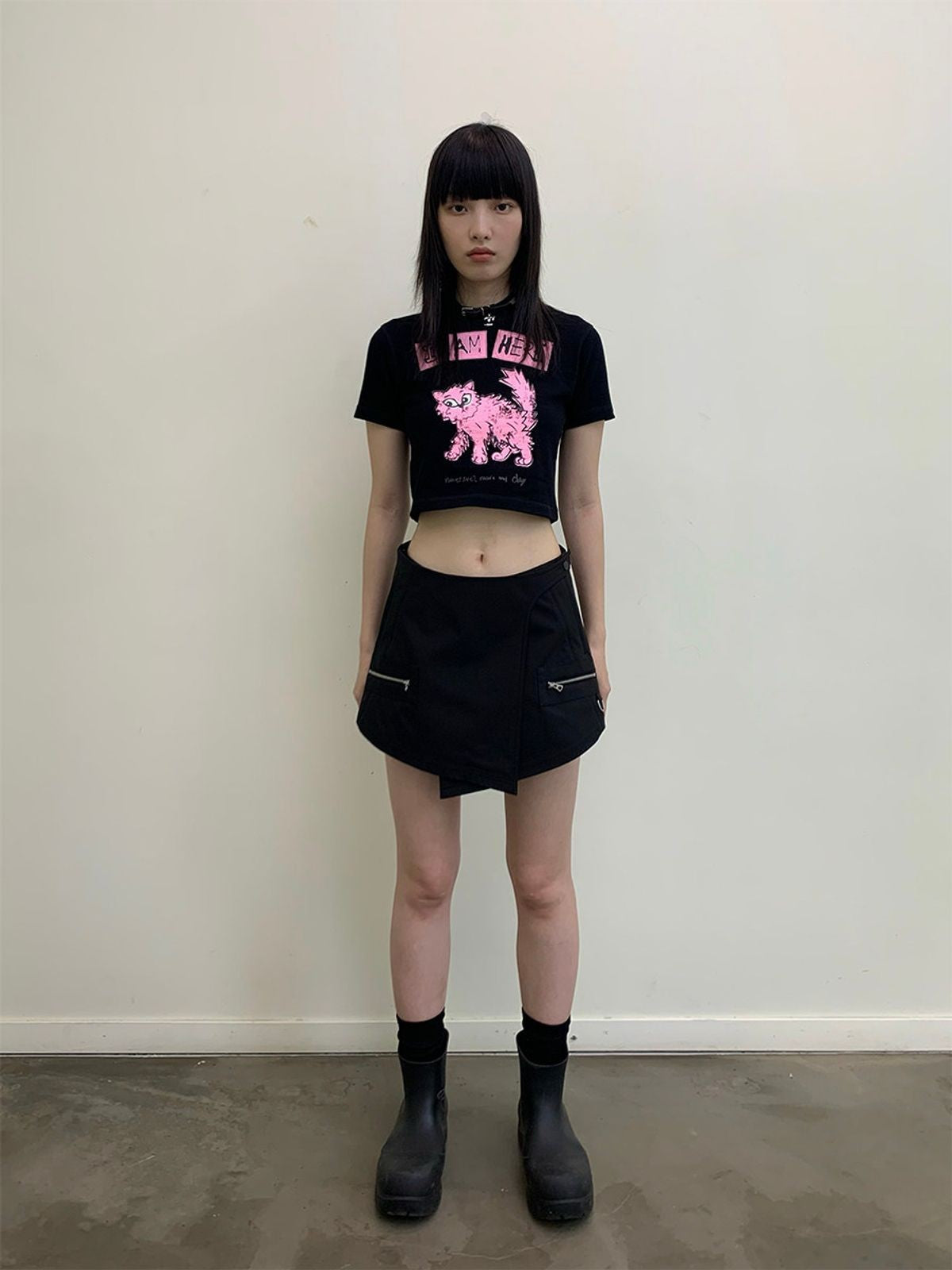 NeverSeez Kitten Graphic Baby Tee in Pink - On Model