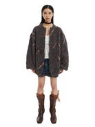 NeverSeez Plush Wool Blend Lantern Cardigan in Gray - On Female Model