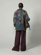 MASONPRINCE Mohair Checkerboard Fringe Cardigan in Blue #color_blue