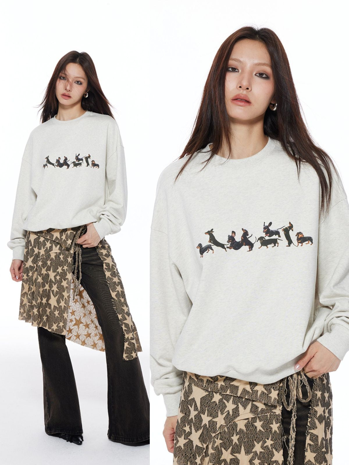 THELIGHT OFFICIAL Dachshund Print Fleece Sweatshirt in Gray - On Model