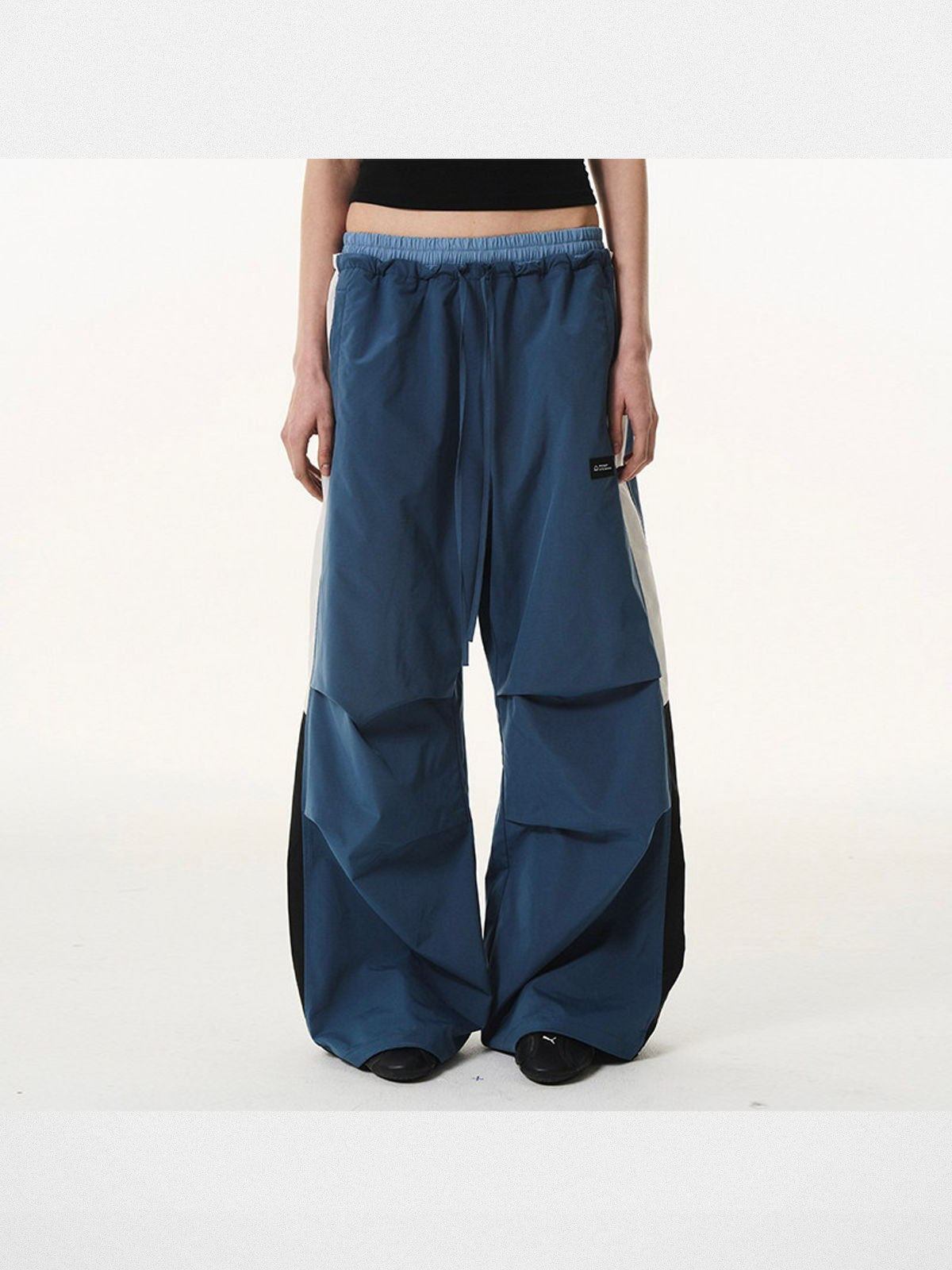 BLINDNOPLAN Double Waistband Parachute Cargo Pants in Navy Blue - On Model