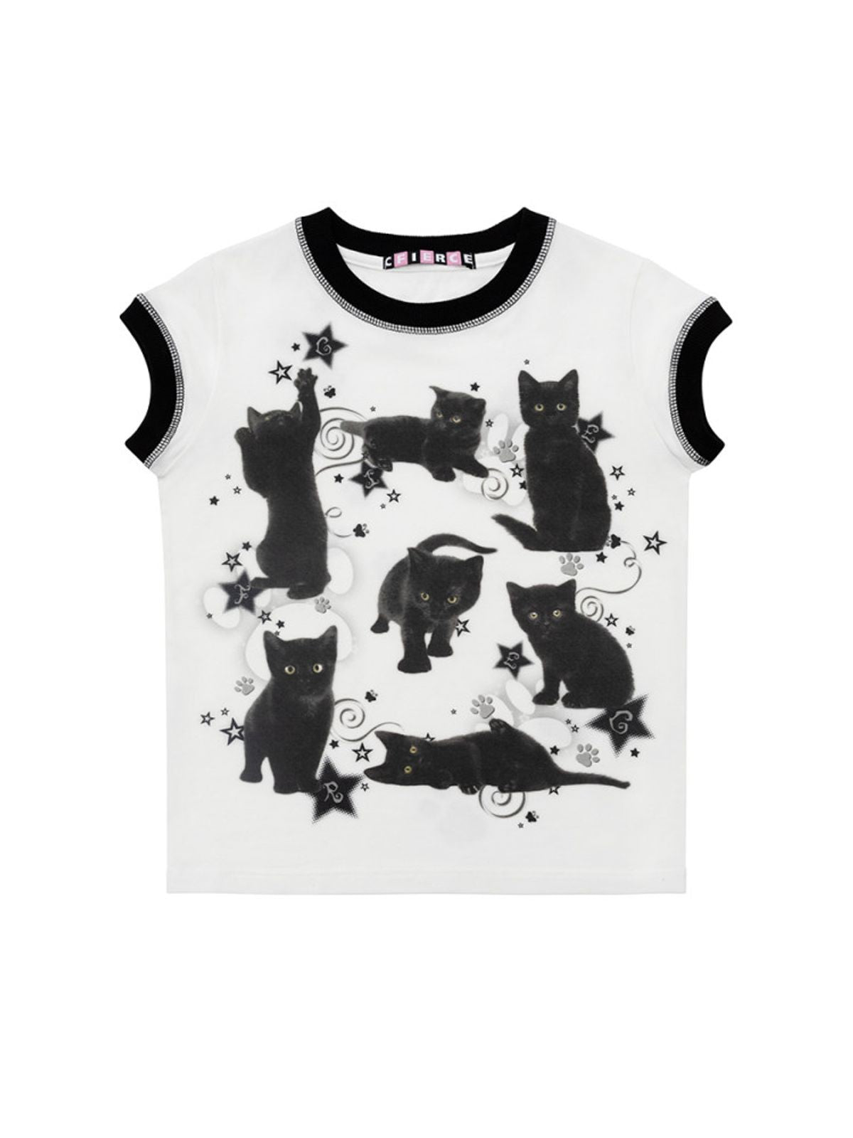 CFIERCE Black Cat Print Ringer Tee in White