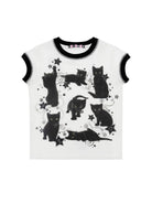 CFIERCE Black Cat Print Ringer Tee in White