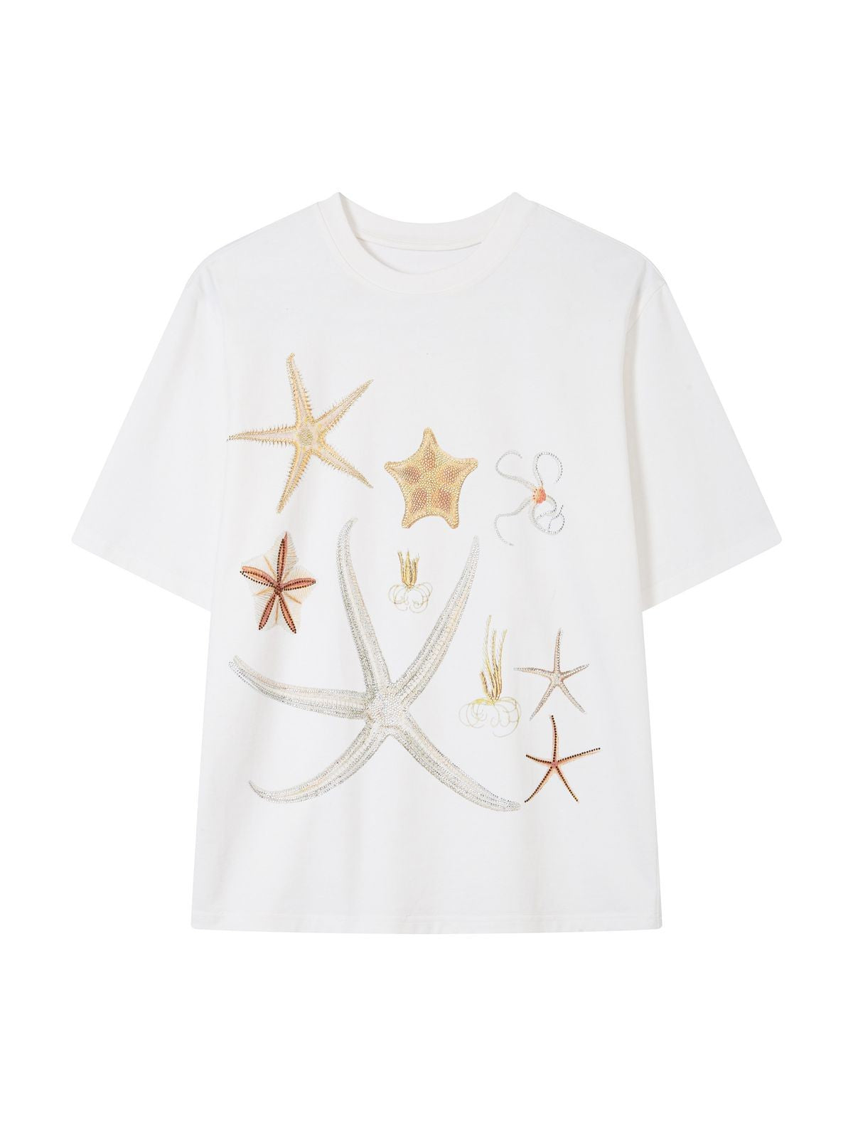 THELIGHT OFFICIAL Rhinestone Starfish Motif T Shirt in White