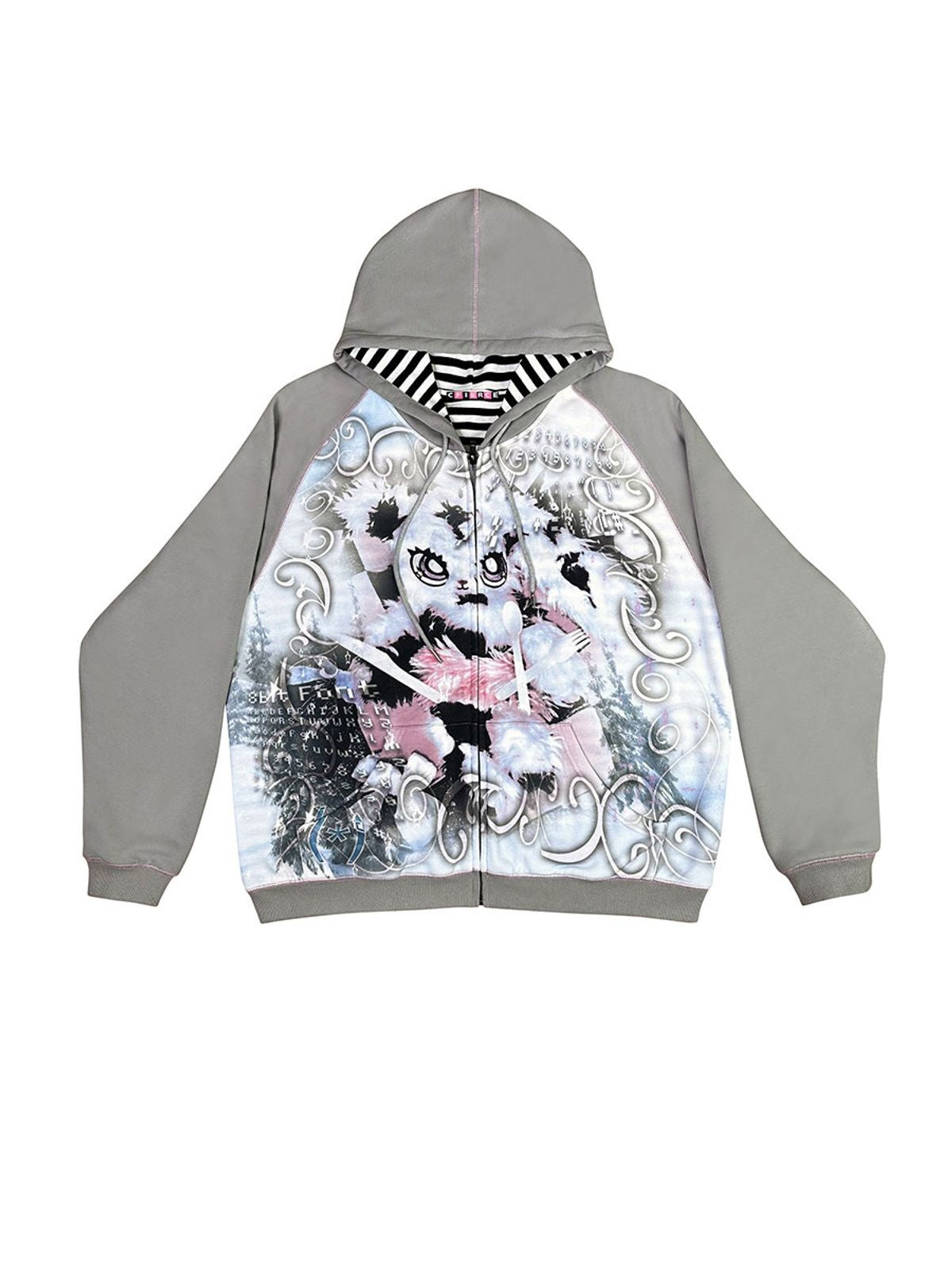CFIERCE Abandoned Bunny Print Zip Up Hoodie in Gray