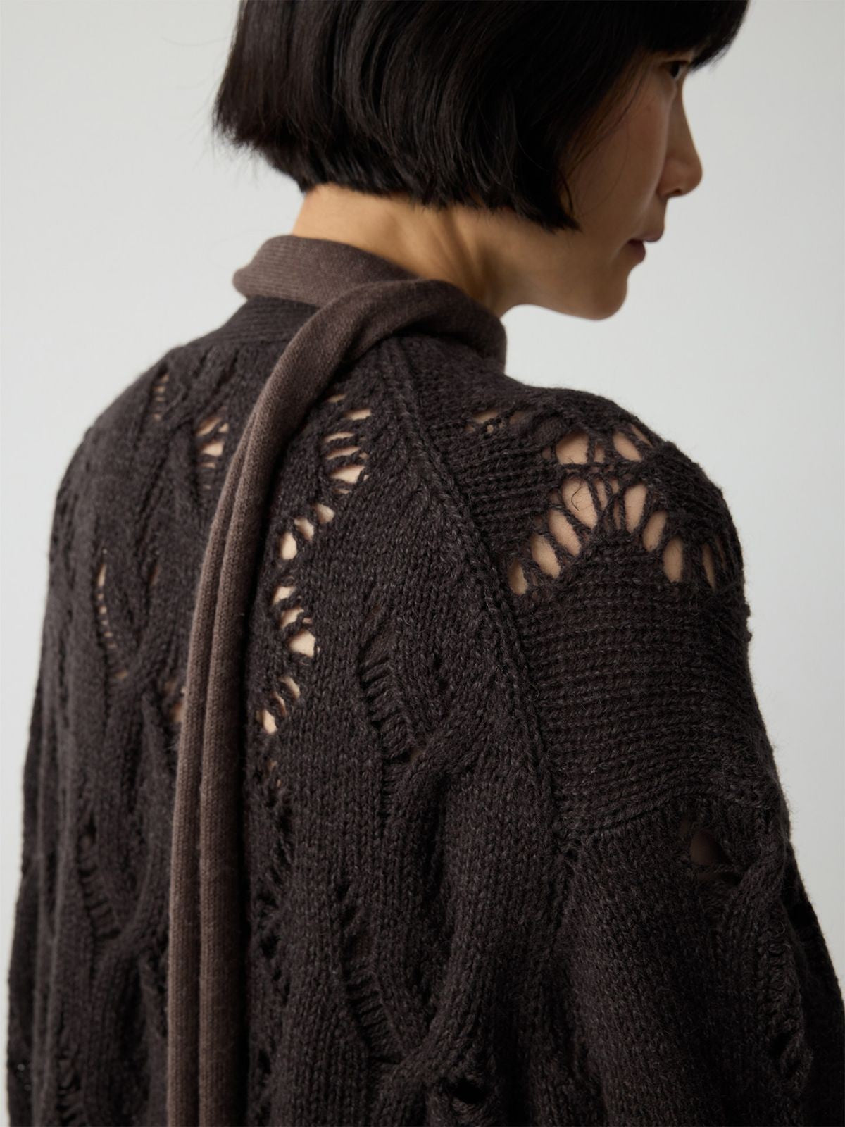 RandomPiece 100 Wool Openwork Tie Front Cardigan in Brown - Detail