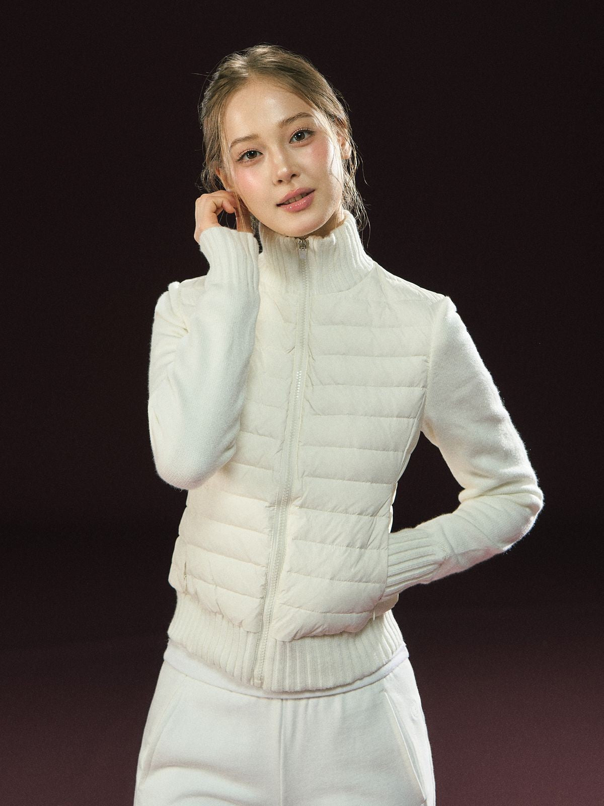 ARISEISM Knit Spliced Stand Collar Puffer in White - On Model