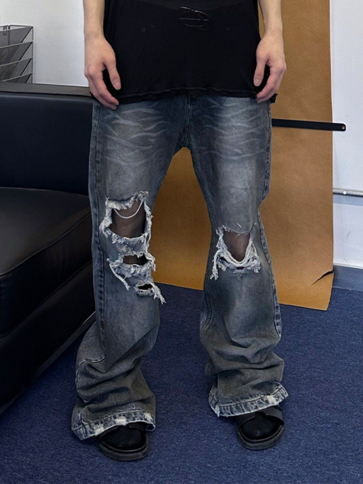 TRIANGLE PROJECT Distressed Dirty Wash Micro Flare Jeans in Denim - On Model