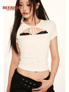 BeerBro Lace Trim Cutout Baby Tee in White - On Model