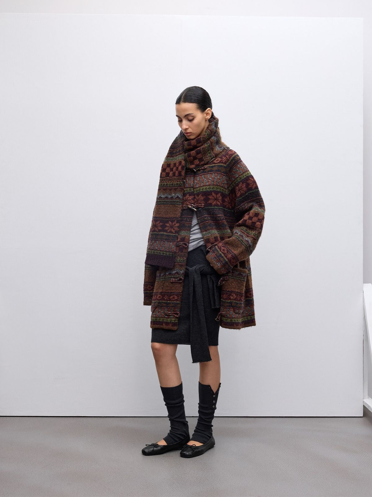 RandomPiece Fair Isle Wool Blend Toggle Coat in Brown - On Model