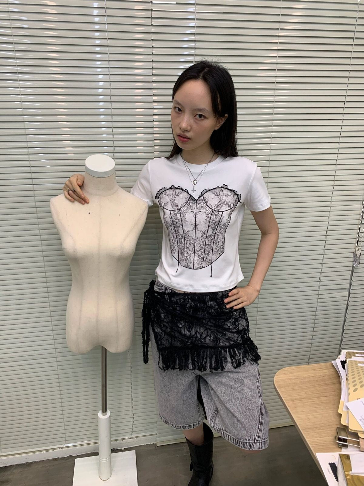 NeverSeez 3D Lace Corset Graphic T Shirt in White - On Model
