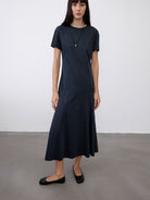 RandomPiece Cotton Modal Fishtail Midi Dress in Blue - On Model