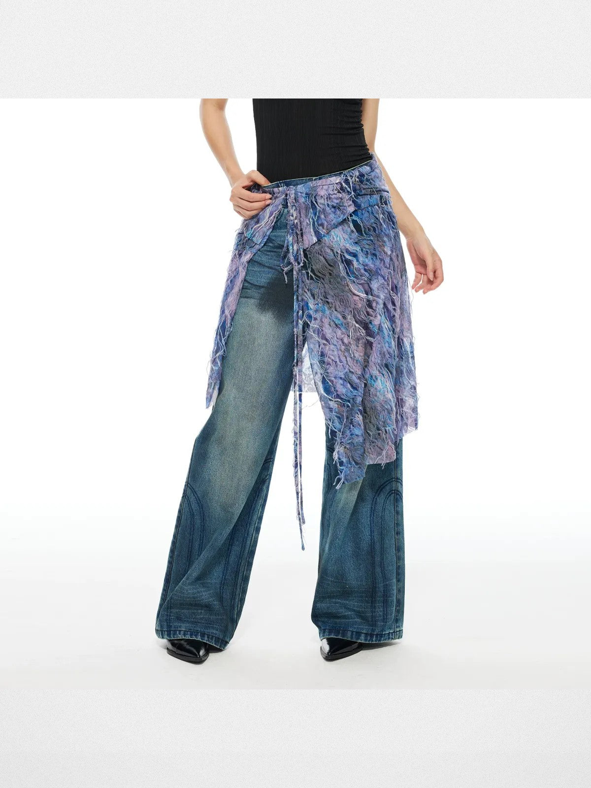 THELIGHT OFFICIAL Distressed Fringe Apron Skirt in Denim - On Model