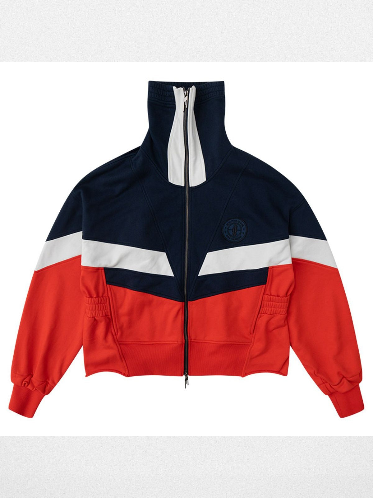 BLINDNOPLAN Color Block Ruched High Neck Sweatshirt in Blue