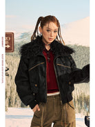 Beer Bro Faux Fur Collar PU Suede Bomber in Black - On Model