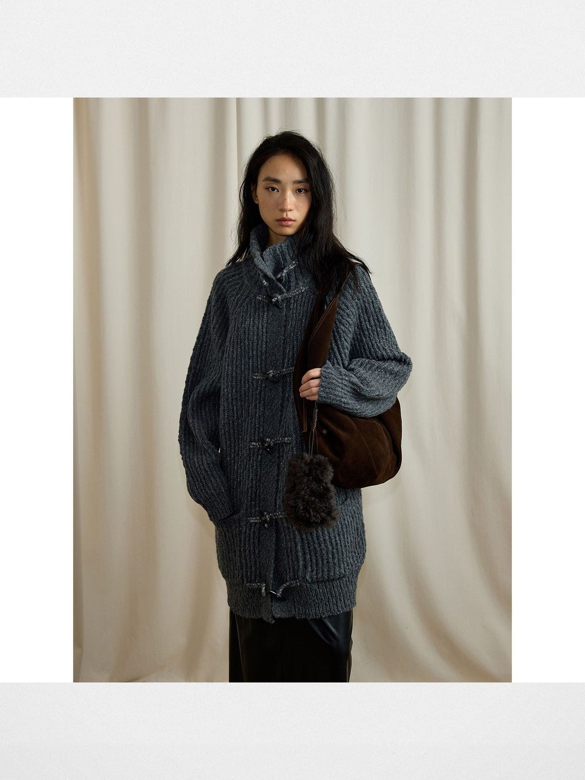 Randompiece Lambswool Stand Collar Toggle Cardigan in Gray - On Model
