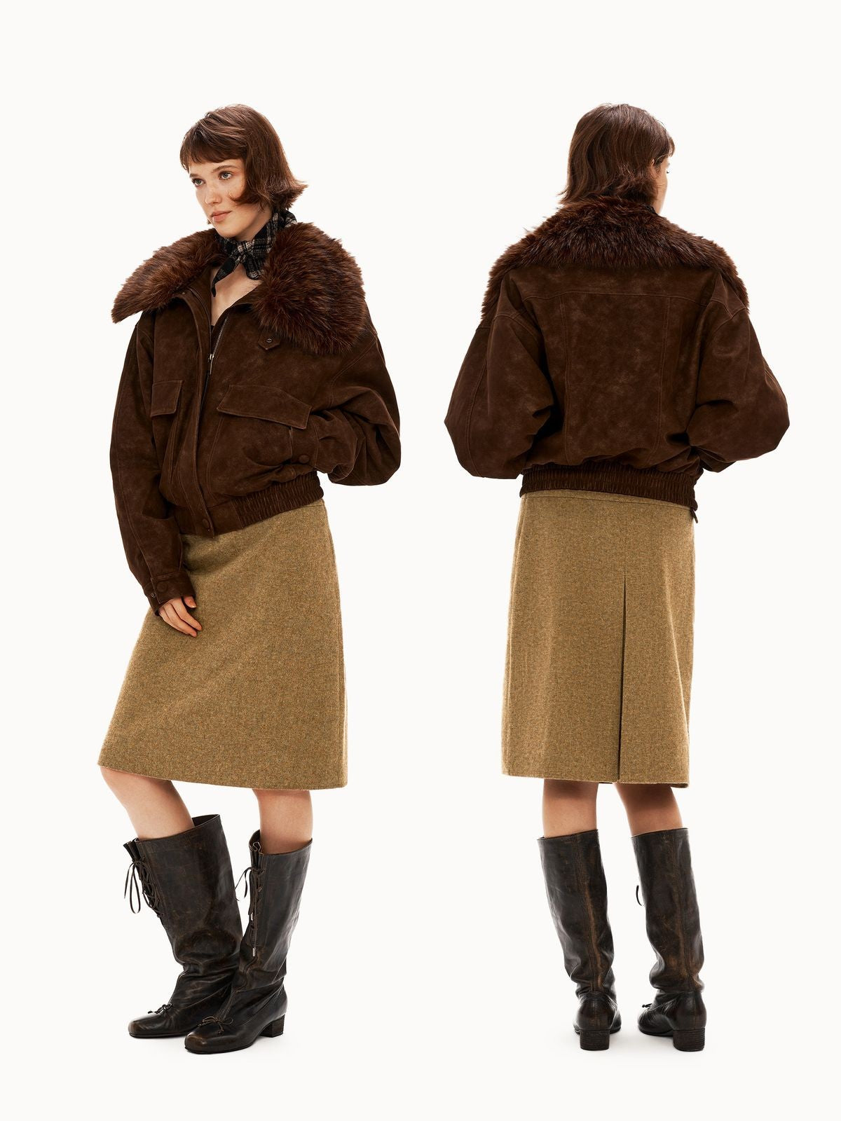 PUKI Washed Suede Parka with Fur Collar in Coffee - On Model