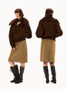 PUKI Washed Suede Parka with Fur Collar in Coffee - On Model
