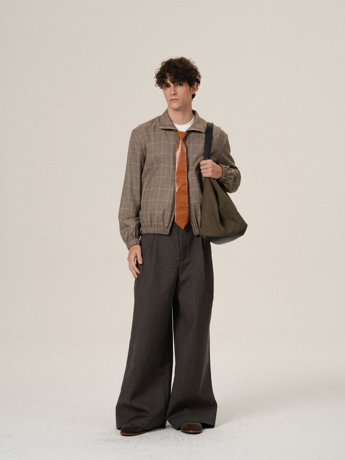 Retro 21 Silk Wool Plaid Double Zip Jacket in Brown - On Model