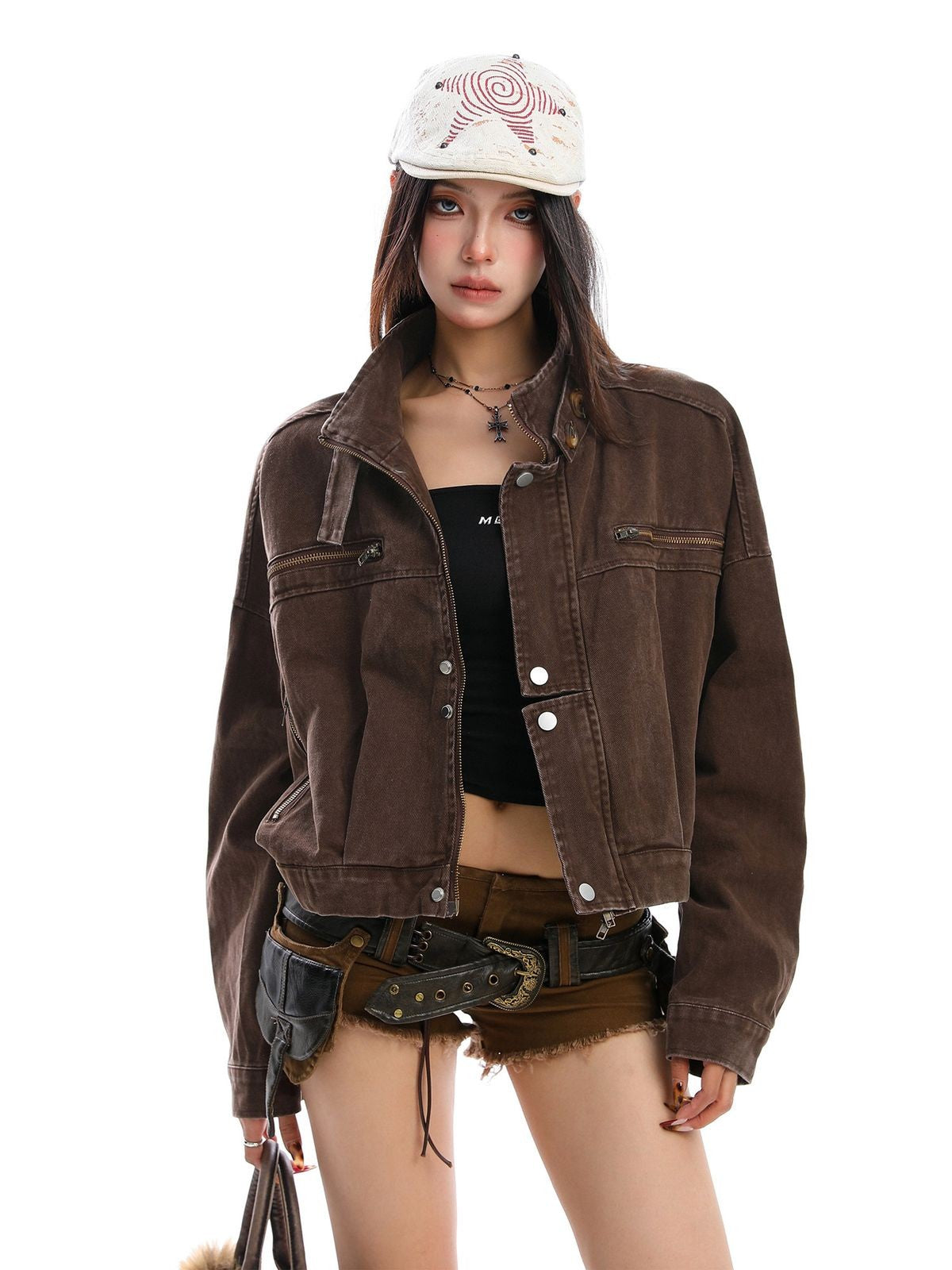 BIGGOLD STUDIO Washed Denim Biker Jacket in Brown - On Model #color_brown