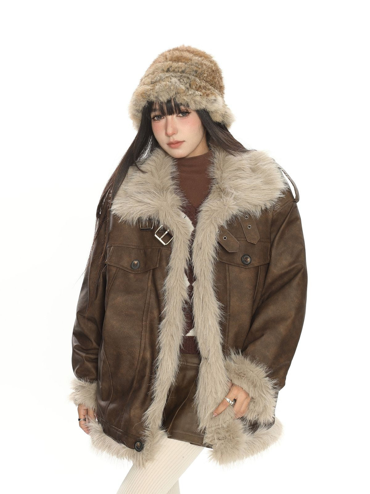 BIGGOLD STUDIO Lamb Shearling Biker Jacket in Brown - On Model #color_brown