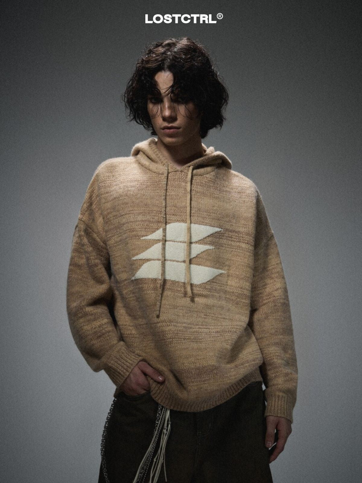LOSTCTRL Chenille Logo Knit Hoodie in Khaki - On Male Model