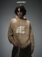 LOSTCTRL Chenille Logo Knit Hoodie in Khaki - On Male Model