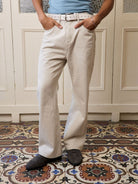 Retro 21 Light Khaki Micro Flare Jeans in Khaki - On Male Model