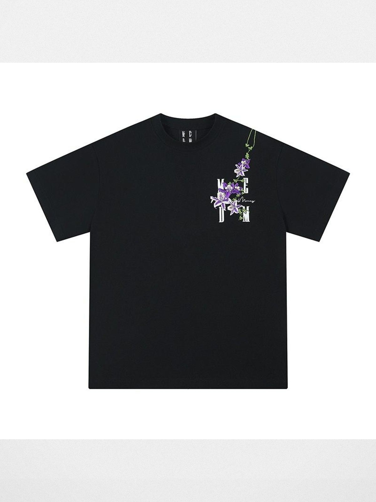 MEDM Vine Floral Embroidery T Shirt in Black