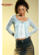 BeerBro Tie Front Distressed Knit Cardigan in Blue - On Model