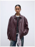 RandomPiece Oversized Matte Faux Leather Jacket in Burgundy - On Model