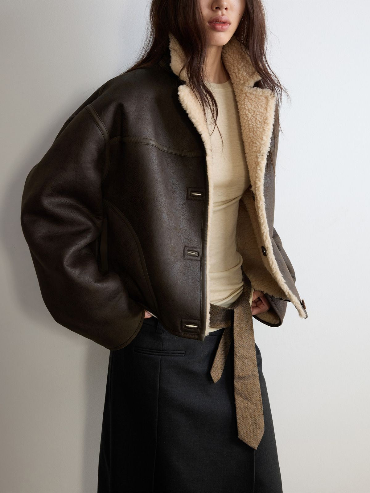 RandomPiece Reversible Faux Suede Wool Jacket in Dark Gray - On Model