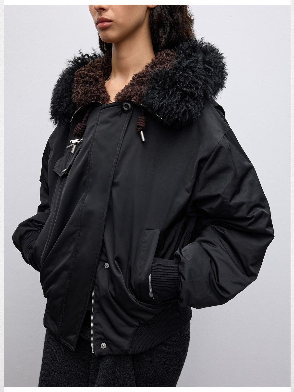 RandomPiece Short Hooded Duck Down Bomber in Black - On Model
