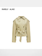 RARELY ALIKE Double Breasted Short Trench Jacket in Beige