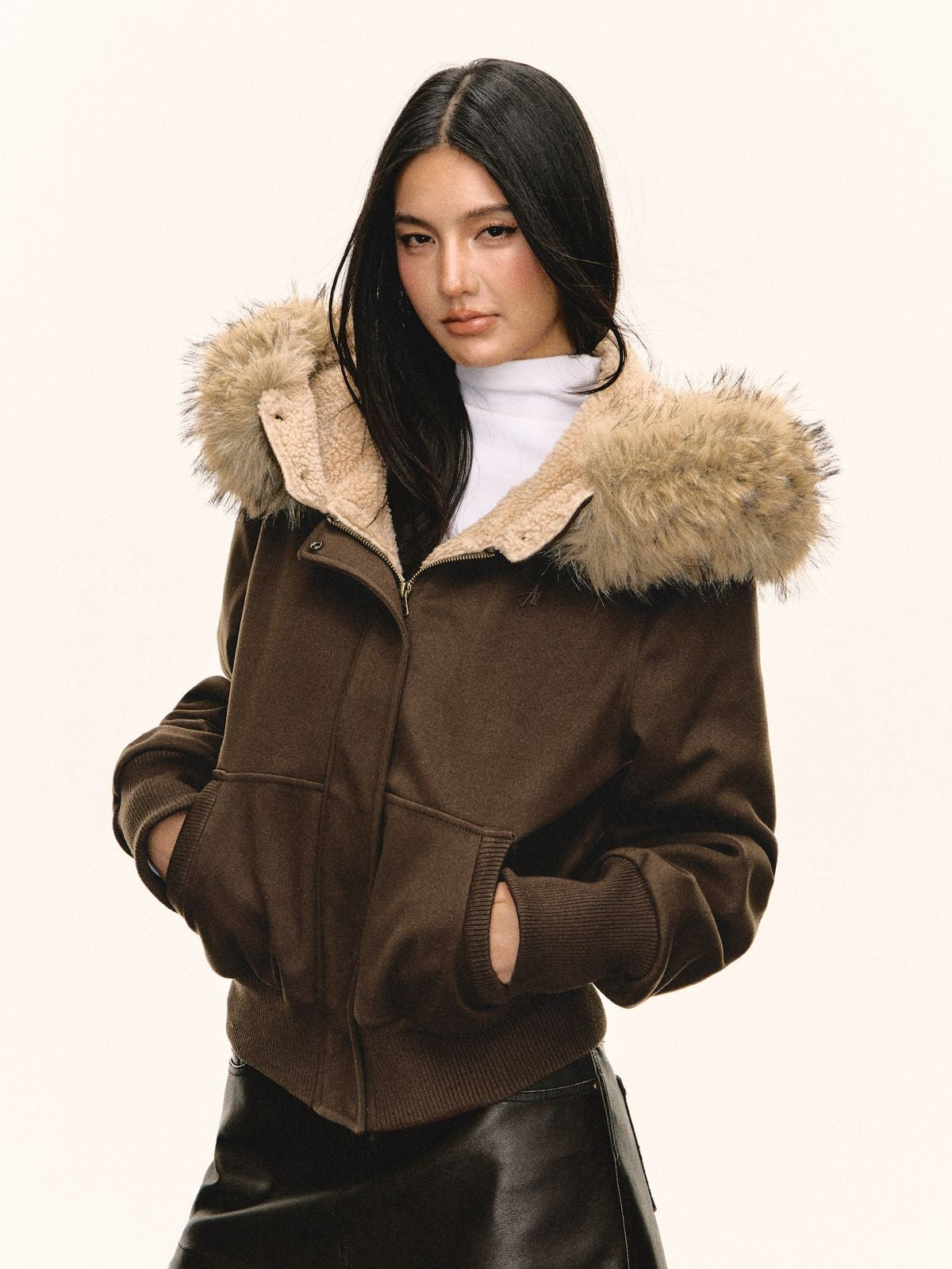 Ariseism Detachable Fur Collar Padded Jacket in Brown - On Model