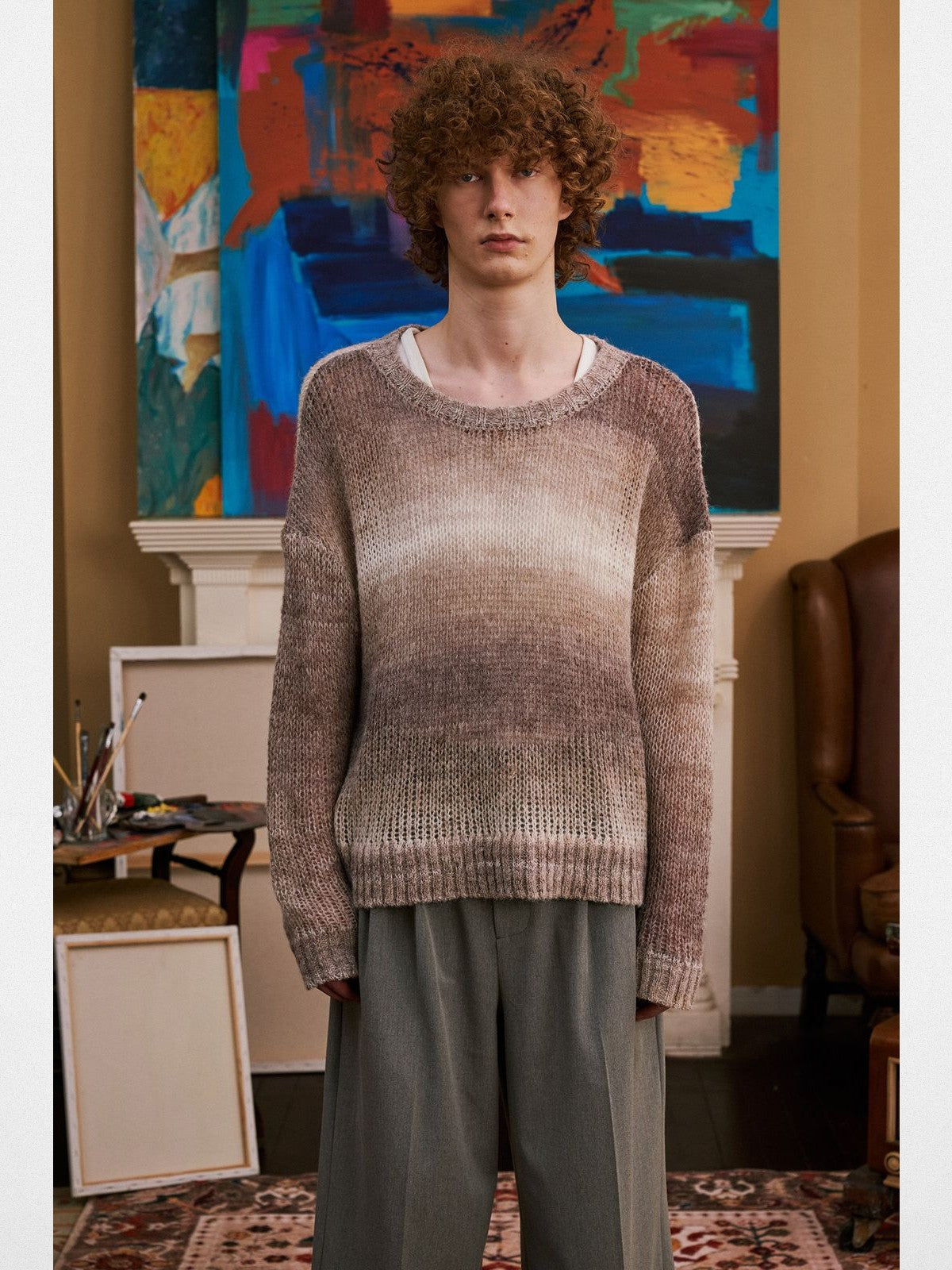 Retro 21 Gradient Open Knit Wool Blend Sweater in Beige - On Model