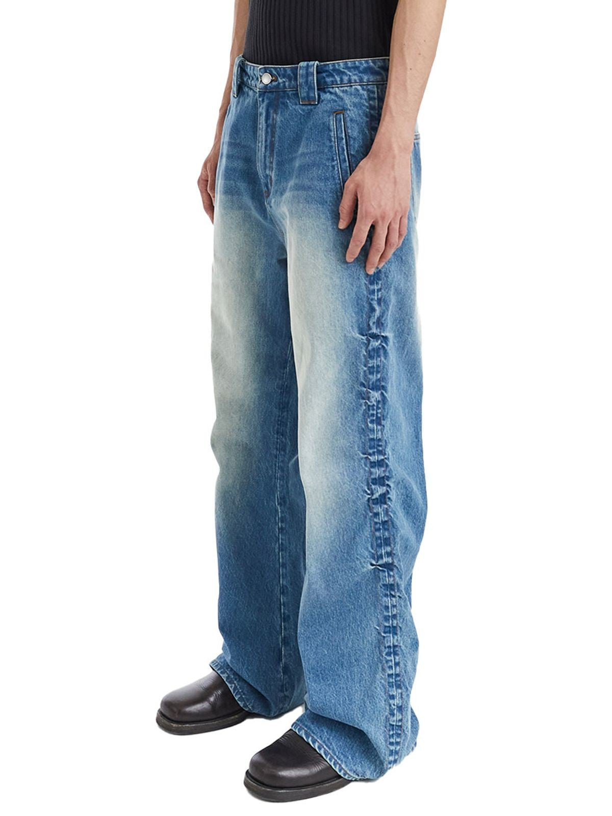 NeverSeez Side Ruched Micro Flare Jeans in Blue - On Male Model