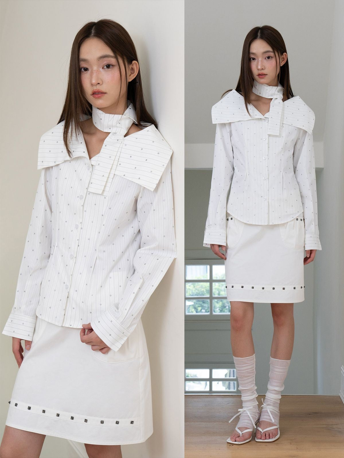 THELIGHT OFFICIAL Striped Dotted Shirt with Neck Scarf in White - On Model