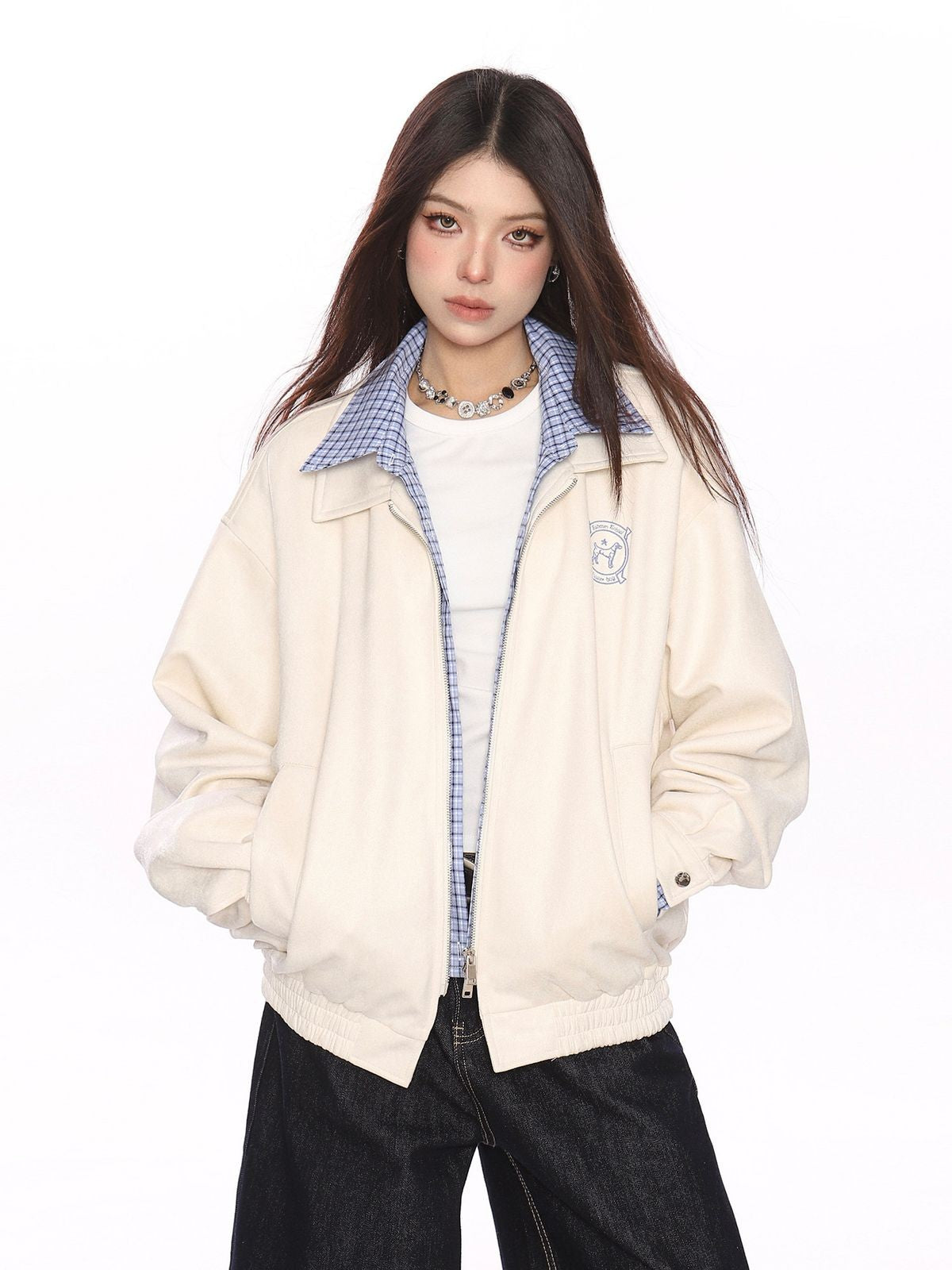 BIGGOLD STUDIO Faux Layered Plaid Collar Jacket in Cream - On Model #color_cream