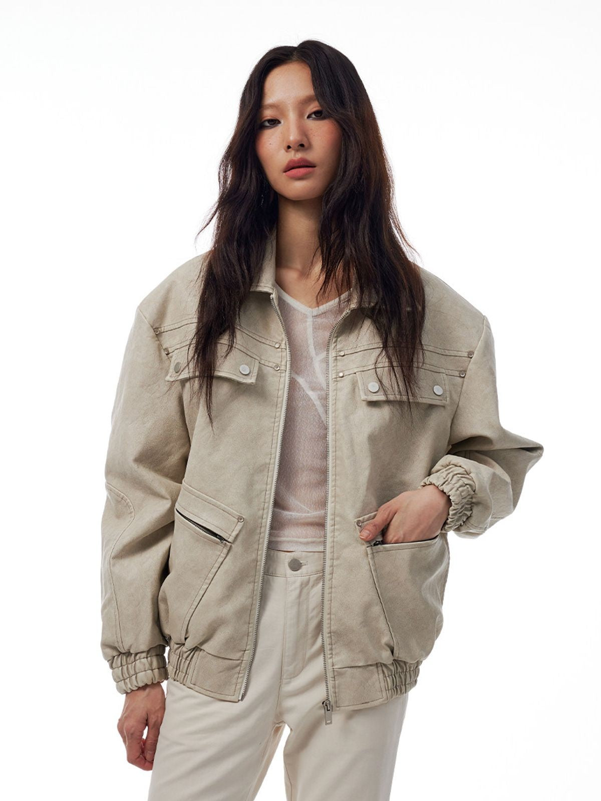 THELIGHT OFFICIAL Distressed Faux Leather Padded Bomber in White - On Model