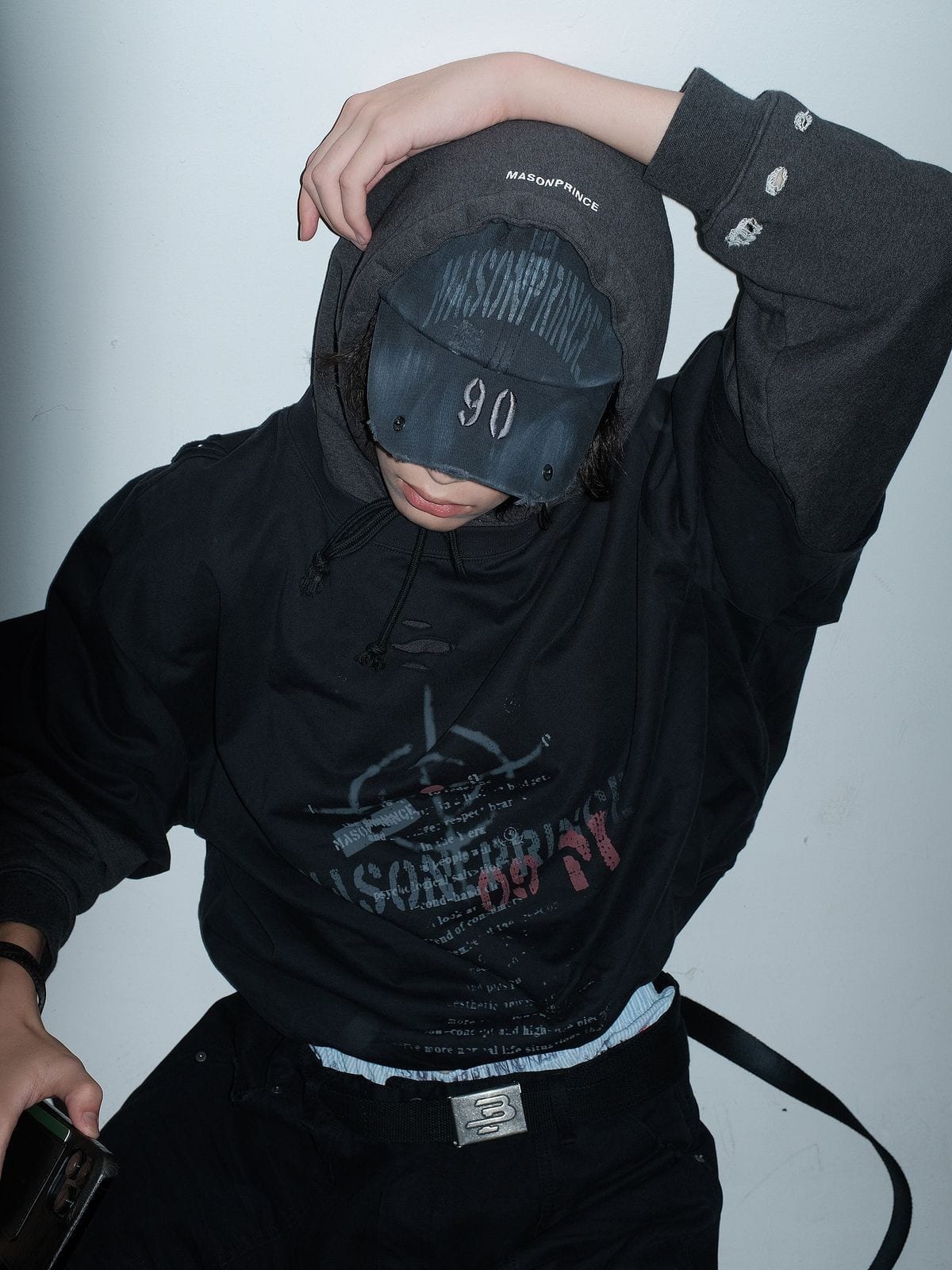 MasonPrince Distressed Metal Accent Baseball Cap in Black - On Female Model