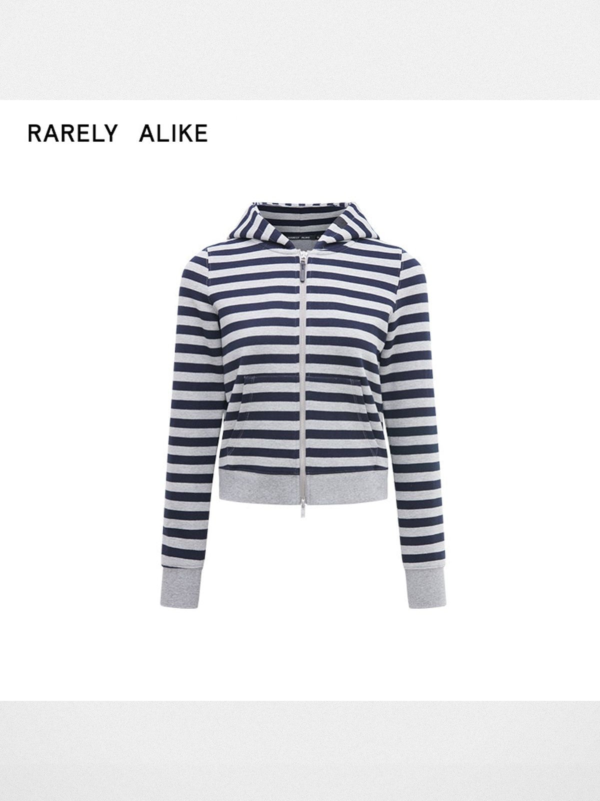 RARELY ALIKE Striped Cotton Cropped Hoodie in Navy